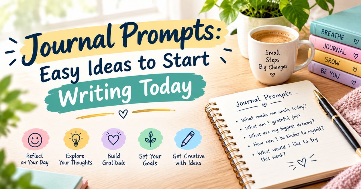 Open notebook with a pen and a cup of tea, ready for journal prompts