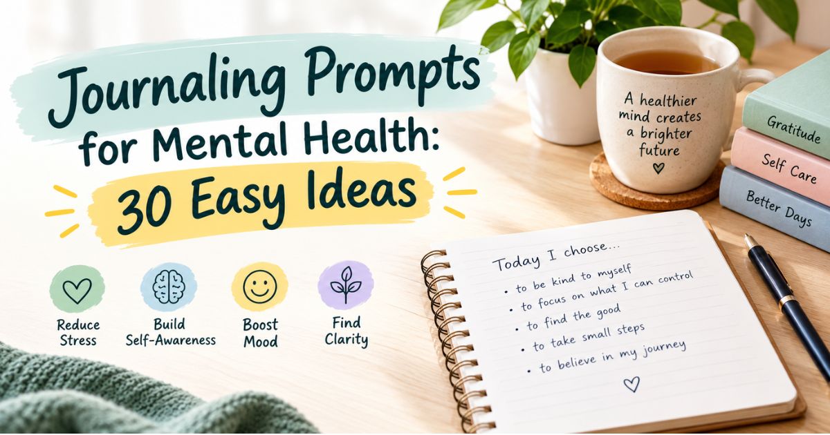 Open journal with a pen and cup of tea, showing journaling prompts for mental health